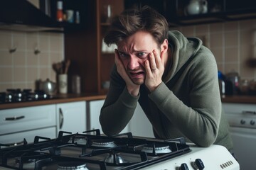 a man looks in horror at the gas bill and reaches his hand to the burner switch on the gas stove