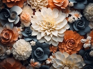 A collection of intricately crafted paper flowers in various shapes, sizes, and muted tones. The flowers are highly detailed showcasing the skill involved in their creation.