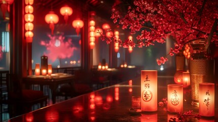 Chinese lanterns in a Chinese restaurant at night, closeup of photo