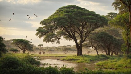 A forest in Africa. With graceful giraffes and other exotic creatures, towering trees surround the banks of a serene river, alive with the sounds of singing birds and rustling leaves. - Powered by Adobe