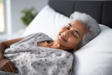 Senior Indian woman sleeping well on white pillow in bed