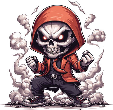 Skull angry fighting pose theme drawing in a street outfit, chibi style