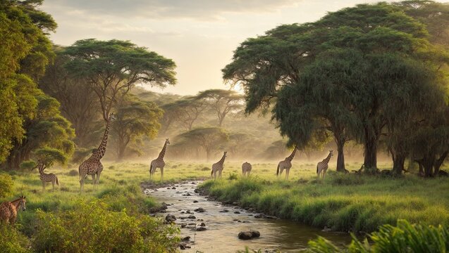 An African woodland A serene river's banks are lined with towering trees that are alive with the sounds of singing birds and rustling leaves, along with beautiful giraffes and other exotic creatures.