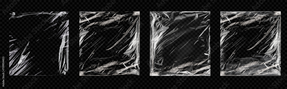 Poster torn plastic wrap set isolated on transparent background. set of cellophane or polyethylene wrapper 
