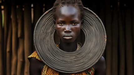 Woman from the african tribe Mursi with big lip plate in her village.


