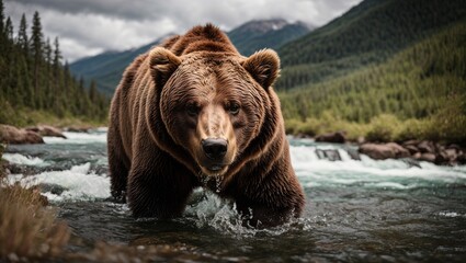 Fototapeta premium A brown bear came to a clear mountain river to get food, hunt and catch some fish