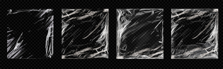Torn plastic wrap set isolated on transparent background. Set of cellophane or polyethylene wrapper layouts for printing. Polyethylene packaging for CD cover. Vector illustration
