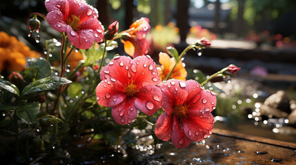 A garden in bloom during April showers, with raindrops on flowers and foliage. - obrazy, fototapety, plakaty
