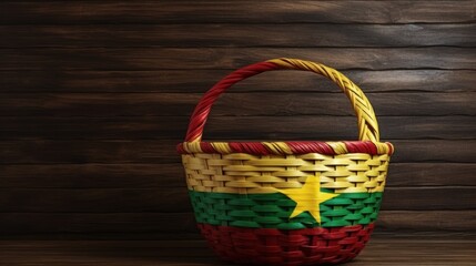 Wooden basket on background in colors of national flag. Photography and marketing digital backdrop. Ethiopia.
