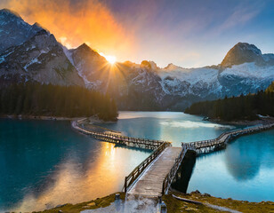 An epic sunrise over a mountain lake with a bridge