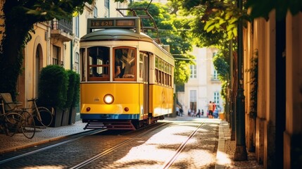 Yellow vintage tram on the street in Lisbon, Portugal. Famous travel destination.