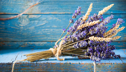 bouquet of dried lavender flowers and spikelet; blue wooden background