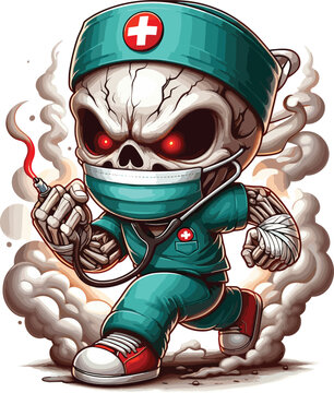 Skull become nurse theme drawing in a nurse outfit, chibi style