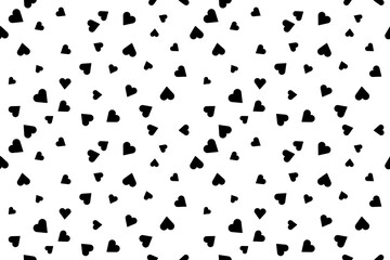 Black Heart Confetti Falling Pattern On White Background. Valentines Day. Vector Illustration. Silhouette. Wallpaper