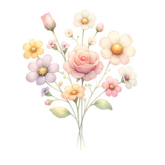 Bouquet of flowers, painted in a watercolor with soft pastel isolated on white background
