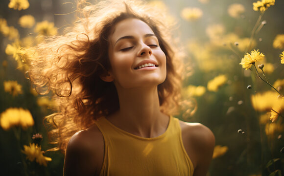 Young woman stands surrounded by yellow flowers, in the style of god rays, organic movement, serene pastoral scenes, white and green, photo taken with provia, joyful and optimistic, fluid gestures

