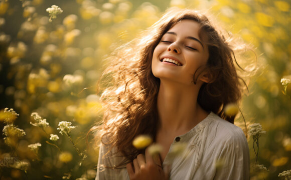Young woman stands surrounded by yellow flowers, in the style of god rays, organic movement, serene pastoral scenes, white and green, photo taken with provia, joyful and optimistic, fluid gestures

