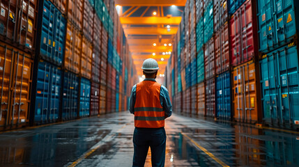 Logistics, shipping and manager planning container export with employee in an export delivery industry. Industrial workers working with stock or cargo transport at a international and global trade, - obrazy, fototapety, plakaty