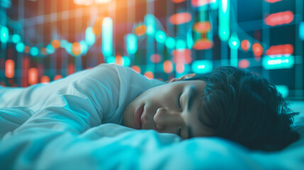 businessman or investor sleep with stock market background thinking about investment or trading, getting enough rest and not being too stressed results in better concentration - obrazy, fototapety, plakaty