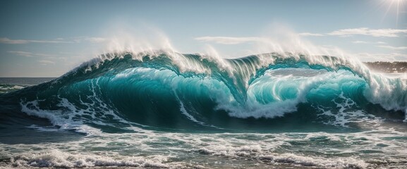 Magnificent ocean waves slam into the coast, revealing foamy seawater that sparkles in the sunlight.