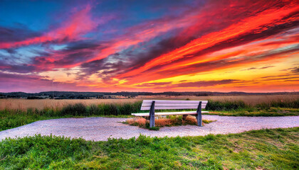 colorful HDR landscape with bench and red sky at sunset