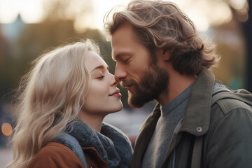 Fototapeta premium Intimate connection as a couple leans in for a kiss, sharing a moment of romance and affection at the close of day