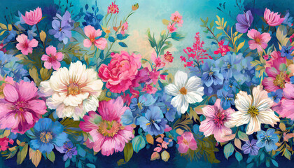 colorful mixed flower border with pink, blue and white flowers