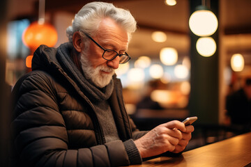 Mature elderly senior man with white beard using smartphone