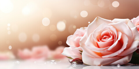 pink rose close up, place for a text, pink Valentine banner 
