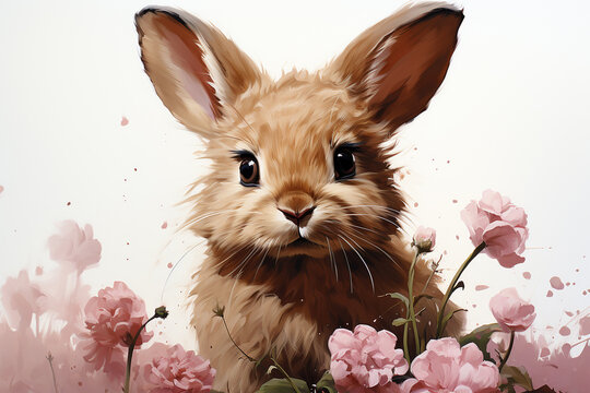 Cute rabbit white background pastel hues minimal illustration.