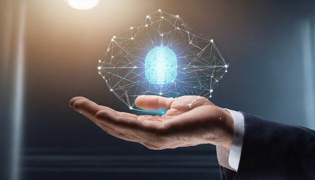 conceptual image of artificial intelligence in the hand, AI generated