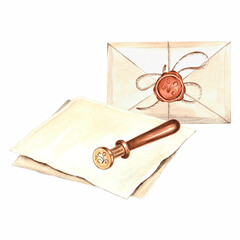 Watercolor sheets of paper, envelope sealed and vintage bronze wax seal pen. Template drawn writing old stationery. Isolated hand drawn retro illustration for card, packaging, textile and sticker
