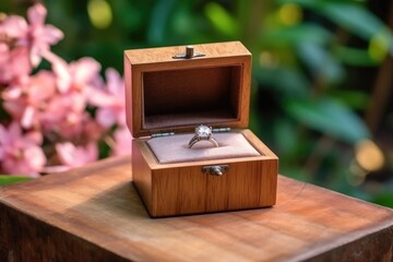 Wedding ring box on wood table with beautiful flowers, for wedding day and Valentine's Day concept.