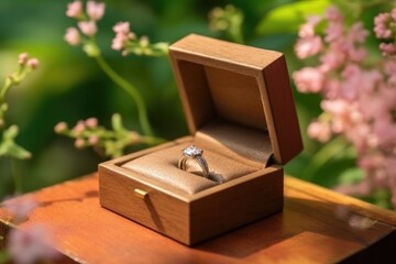 Wedding ring box on wood table with beautiful flowers, for wedding day and Valentine's Day concept.