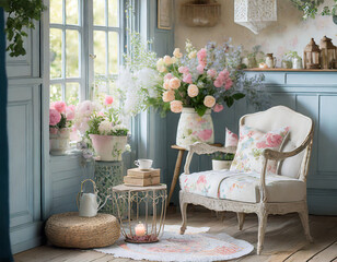 Country cottage flower haven. Cottage-style prints, pastel tones. Shabby chic furniture, cozy textiles. A warm and inviting space filled with the charm of country florals.