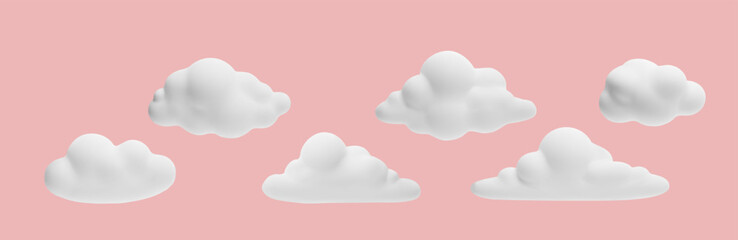 White clouds, set of volumetric 3d vector illustrations isolated on pink