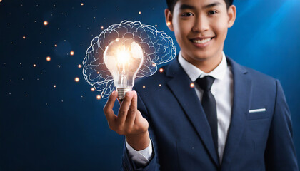 Creativity, Inspiration and new idea of growth for business with Smart idea, Businessman holding half of abstract light bulb and brain on dark blue background, Innovative_