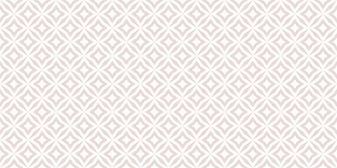 Vector abstract geometric floral seamless pattern. Subtle light pink and white background. Simple minimal oriental ornament. Delicate texture with diamond shapes, stars, rhombuses, grid. Repeat design