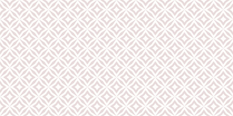Vector abstract geometric floral seamless pattern. Subtle light pink and white background. Simple minimal oriental ornament. Delicate texture with diamond shapes, stars, rhombuses, grid. Repeat design