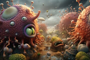 Bacteria attacked in 3D rendering. - obrazy, fototapety, plakaty