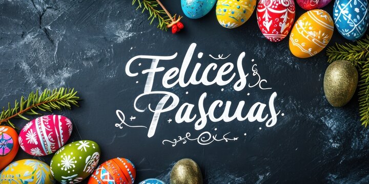 colorful easter eggs with calligraphy text Felices Pascuas on a dark background, banner