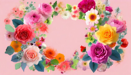 floral frame with pink rose flowers on a white background