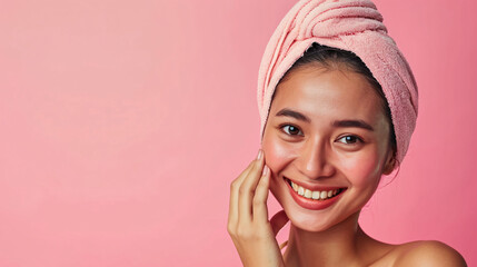 Beauty skin. Head and shoulders of asian indonesian woman model, touching glowing, hydrated facial skin, apply toner, skin cream or lotion for healthy look, after shower portrait, white background. - obrazy, fototapety, plakaty
