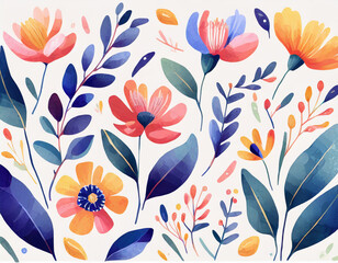 floral pattern, blue color with flowers and branches_ watercolor background