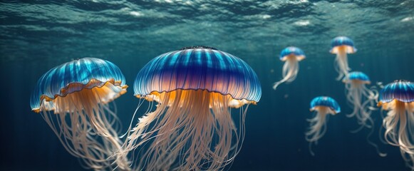 Fototapeta na wymiar Gracing beneath the ocean's depths lies a captivating blue water jellyfish, its translucent body throbbing with vivid hues of sapphire and cerulean.