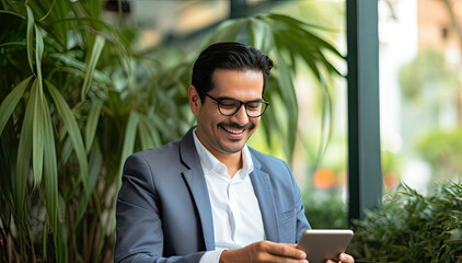 Middle aged Hispanic business manager ceo using cell phone mobile app, laptop. Smiling Latin or Indian mature man businessman holding smartphone sit in office working online on gadget with copy space. - obrazy, fototapety, plakaty