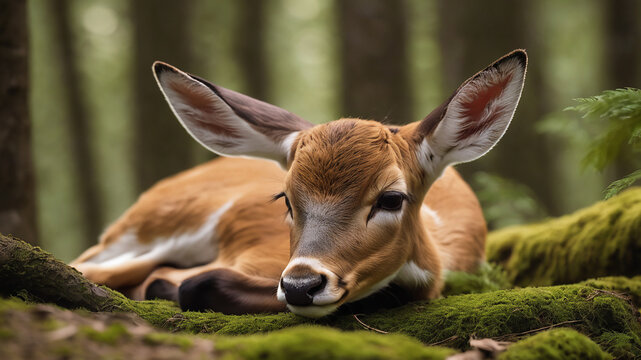 Tiny doe sleeping in the forest