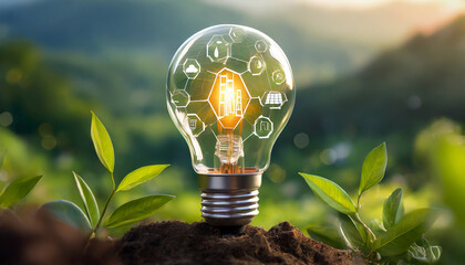 light bulb against nature with icons energy sources for renewable Sustainable development and business based on renewable energy. Reduce CO2 emission concept. green business based on renewable - obrazy, fototapety, plakaty