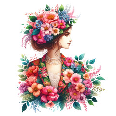 Watercolor illustration showcasing a woman adorned in beautiful flowers clothing, International Women's Day,Isolated on Transparent Background