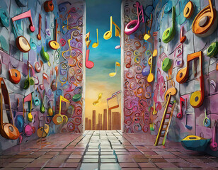 Live music wall with music symbols. 3D illustration
